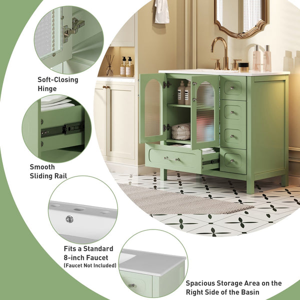 English Elm 36" Green Bathroom Vanity with Waffle Texture Doors, 4 Drawers, Glass Panels, Soft-Closing, Modern Storage N710P280025C