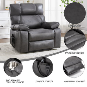 English Elm Dark Grey Leatheraire Power Lift Recliner Dual Motor Massage Heat Heavy Duty W1803P340317