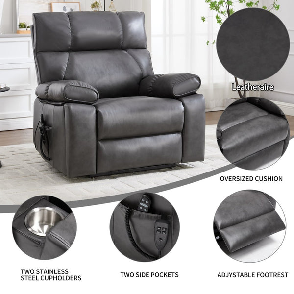English Elm Dark Grey Leatheraire Power Lift Recliner Dual Motor Massage Heat Heavy Duty W1803P340317