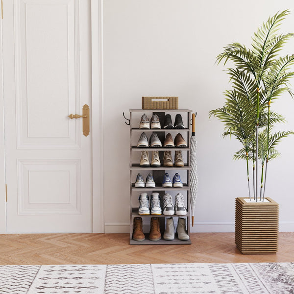 English Elm Shoe 7-Tier Vertical Shoe Rack with Hooks - Rustic Gray Organizer for 12-14 Pairs, Space-Saving Entryway W3151P346291