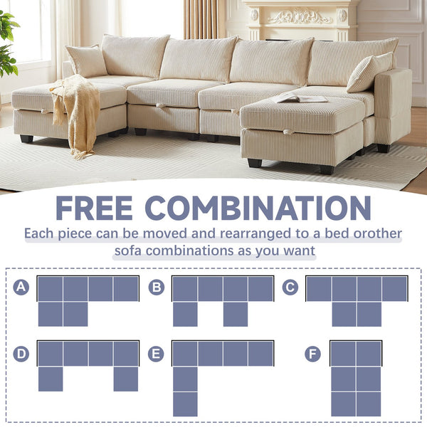 English Elm 113.5'' Modular Sectional Sofa with Storage Ottoman, Convertible U or L Shape Sleeper for 6 Seats Beige W834S00253