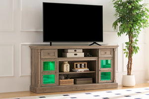 English Elm Farmhouse 70" Fireplace TV Stand with Roman Columns, LED Accent Lighting, Rustic Durable Media Console Gray W2393P300554