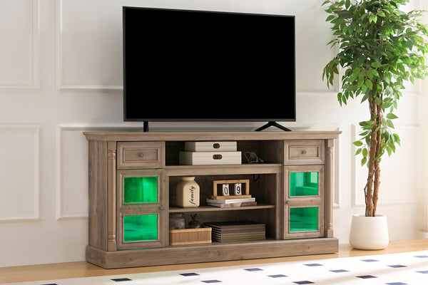 English Elm Farmhouse 70" Fireplace TV Stand with Roman Columns, LED Accent Lighting, Rustic Durable Media Console Gray W2393P300554