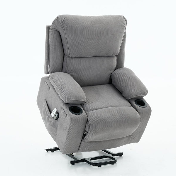 English Elm Gray Corduroy Recliner with Heated Massage, Remote & Assistive Lift, Cup Tray for Seniors Comfort W570P320447