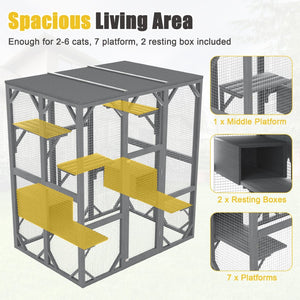 English Elm Outdoor Fir Wood Cat Enclosure Three Tier Six Platform Habitat with Waterproof Roof W1598P390796