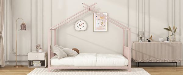 English Elm Twin Metal House Platform Bed with Slat Kit for Kids Sleepovers Sturdy Frame Elegant Silhouette 63.8"H Pink MF322835AAH