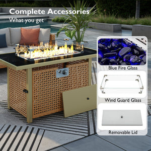 English Elm K&K 43" Propane Gas Fire Pit Table 60000 BTU Open Weave Wicker with Glass Wind Guard & Blue Stones orange-yellow N707P210158Z