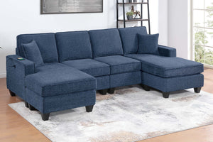 English Elm 3pc Chenille Sectional Sofa Set with Usb Charging Navy Modular Living Room Seating B011S02193