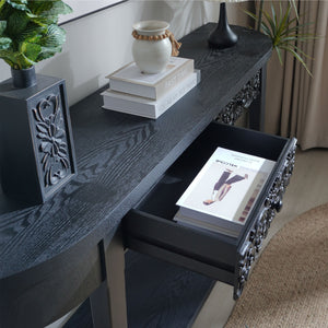 English Elm 59.2in Black Carved Wooden Console Table with Drawer & Lower Shelf — Elegant Entryway Storage Accent W2729P270742