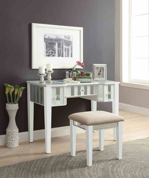 English Elm Transitional Glam Mirrored Vanity with Padded Stool, Spacious Drawers, Central Mirror for Prep and Storage White 50 L x 31 W x 16 H B2741P400802