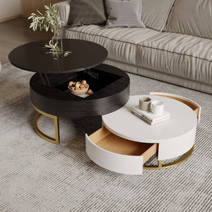 English Elm Dolce Round Lift-Top Wood Coffee Table with Convertible Heights and Sturdy Iron Frame, Modern Chic Black White B341S00041