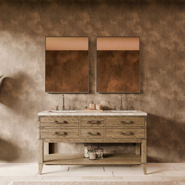 English Elm Grey Oak Double Bath Vanity With Carrara Marble Top, Soft-Close Drawers & Matching Mirrors, 65” W B2731S01637