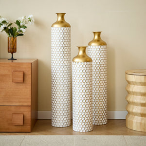 English Elm Floor Elegant 3-Piece Metal Vase Set - Modern Droplet Style In White And Gold For Stunning Decor W2796P290480