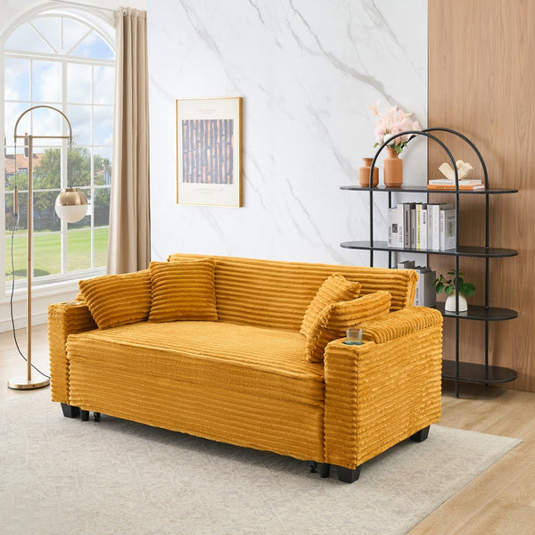 English Elm 80 80-inch Orange Corduroy Expandable Sofa Bed with Cup Holders, 3-Seater Convertible for Apt Living W1658P272544