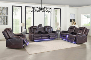 English Elm Violetglow Reclining Sofa with Led Lighting Wireless Charging and Bluetooth Speakers Brown B2730S00033
