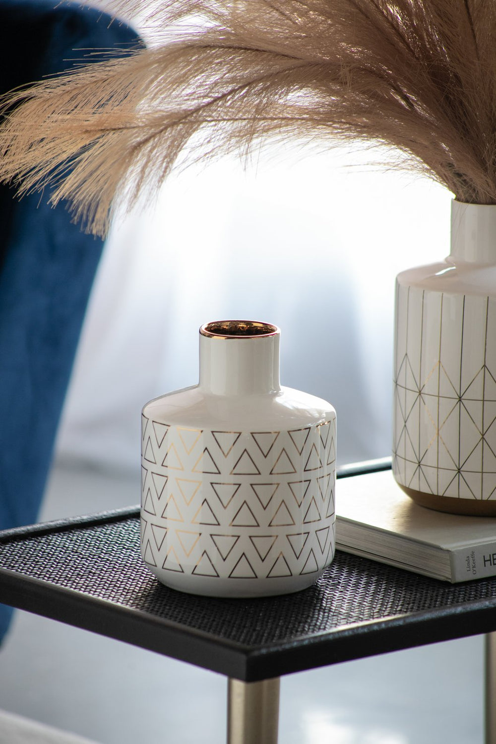 English Elm D5.9x7.9" Ceramic White Vase with Gold Trim and Geometric Triangle Pattern — Modern Curved Neck Accent centerpiece home décor elegant display W2078P391145