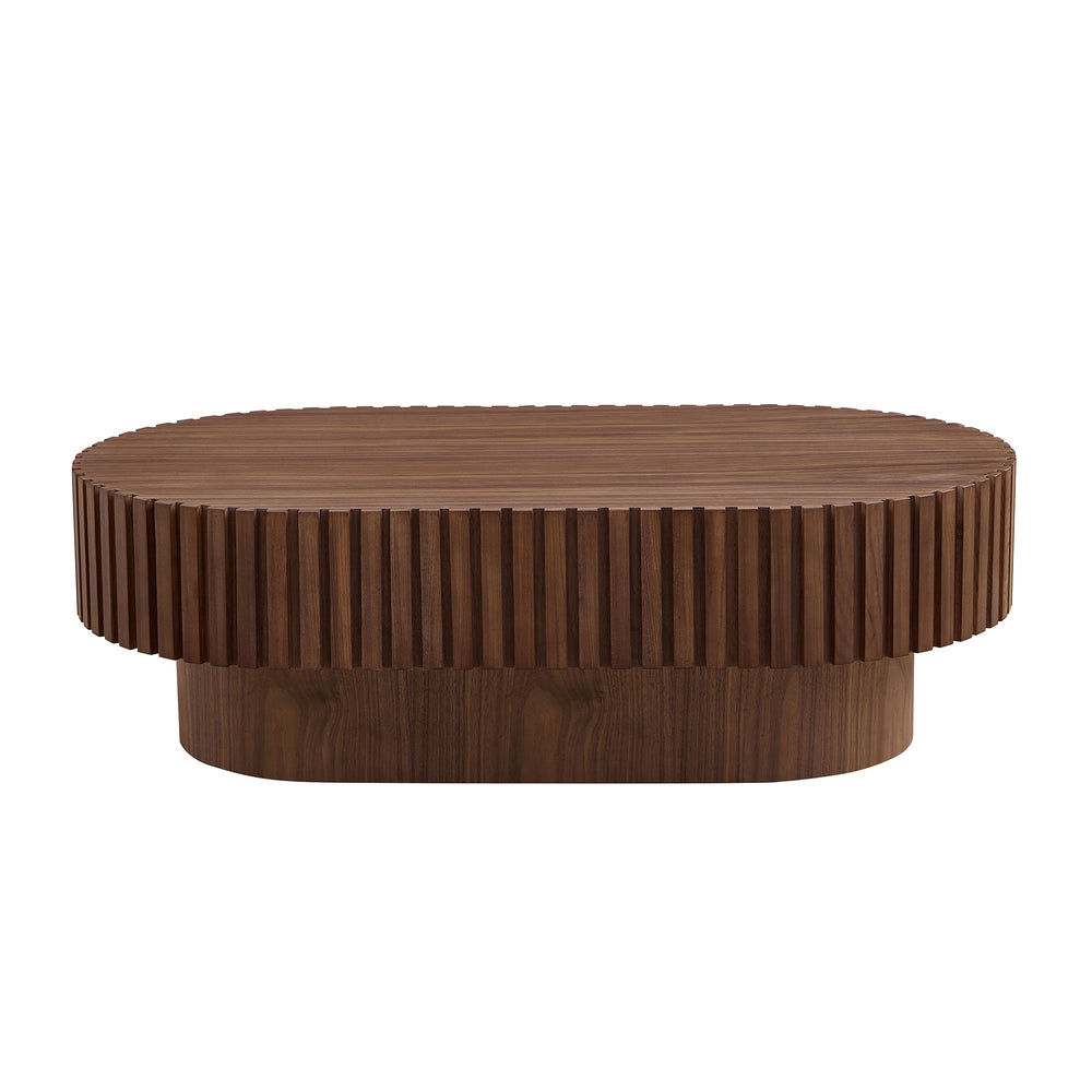 English Elm 43.70 Inch Modern Handcraft Drum Coffee Table Oval Wood MDF Pedestal Accent Table for Living Space Elegance Walnut W2582P250586