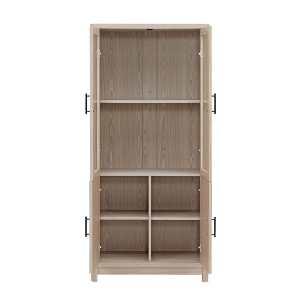 English Elm Jodie Elegant 31" Bookcase Cabinet with 6 Adjustable Shelves, Glass Display Doors & Metal Handles Oak B365P397896