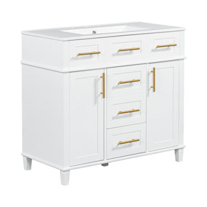 English Elm 36" White Bathroom Vanity Cabinet with Ceramic Sink, Gold Handles, Soft-Close Drawers & Adjustable Shelf N729P204177K
