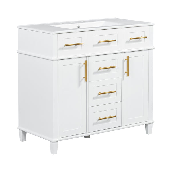 English Elm 36" White Bathroom Vanity Cabinet with Ceramic Sink, Gold Handles, Soft-Close Drawers & Adjustable Shelf N729P204177K