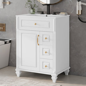 English Elm 24 Inch Freestanding Bathroom Vanity Solid Rubberwood Ceramic Sink Matte Finish Storage White N725P375626K