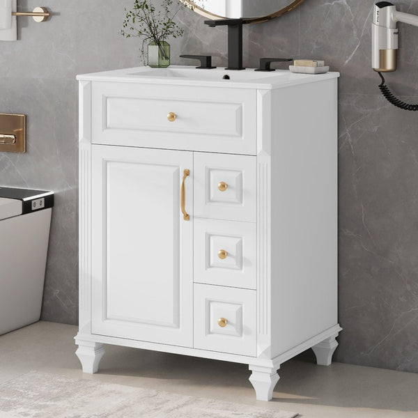 English Elm 24 Inch Freestanding Bathroom Vanity Solid Rubberwood Ceramic Sink Matte Finish Storage White N725P375626K