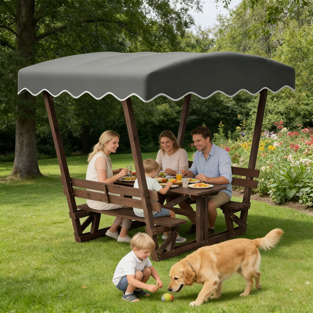 English Elm 5'x3' Wooden Gazebo Patio Shelter with Oxford Canopy Bench Seating and Slatted Table W1422S00075