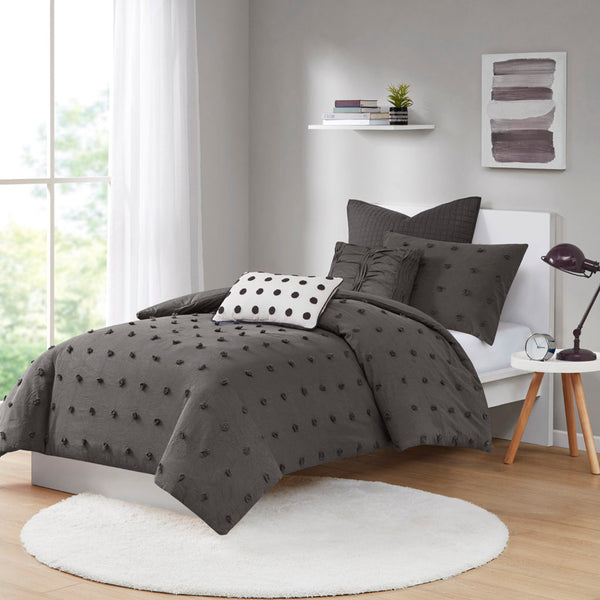 JLA Home Urban Habitat - Cotton Brooklyn Cotton Jacquard Duvet Set with Tufted Chenille Dots, Quilted Euro Shams, Pillows Charcoal UH12-2258