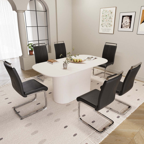 English Elm 63 Inch Cream Mdf Dining Table with 6 Pu Leather Chairs Silver Metal Base Set W2189S00882