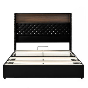 English Elm Queen Velvet Tufted Wingback Platform Bed Tall Headboard with Usb Charging Shelf Black N733P367135B