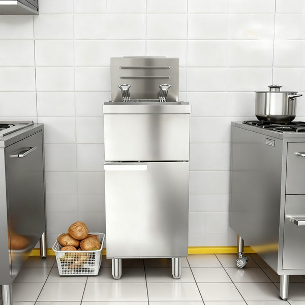 English Elm Commercial Propane Floor Fryer Stainless Steel Triple Burner Dual Basket 90000 Btu W5057P394221
