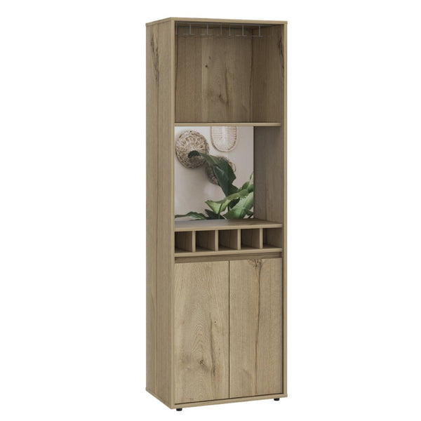English Elm Redding Floor Bar Cabinet with Wine Cubbies Glass Rack and Open Display Shelves B128S00156
