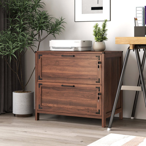 English Elm 2 Drawer Farmhouse File Cabinet with Lock for Home Office – Rustic Charm, Secure Storage, Spacious Organization Walnut W331P272380