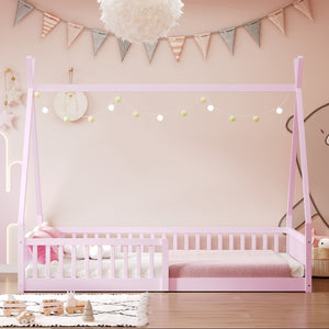 English Elm Twin House Bed with Roof and Fence for Kids – Sturdy Pine Frame, Vintage Wash Design, Safe Sleep Space Pink N709P183348H