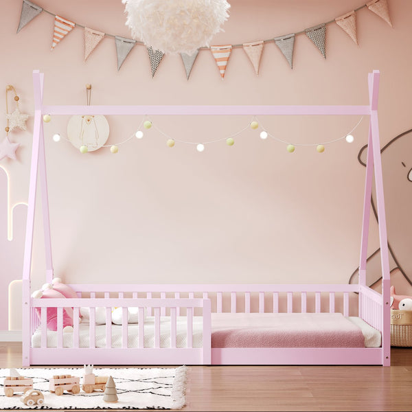 English Elm Twin House Bed with Roof and Fence for Kids – Sturdy Pine Frame, Vintage Wash Design, Safe Sleep Space Pink N709P183348H