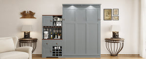 English Elm Queen Murphy Bed with Wine Rack Glass Holder Led Lighting and Cabinet White Gray LP000391AAE