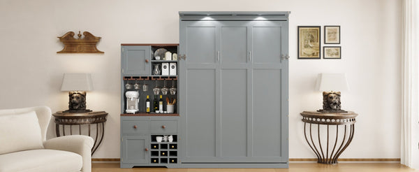 English Elm Queen Murphy Bed with Wine Rack Glass Holder Led Lighting and Cabinet White Gray LP000391AAE