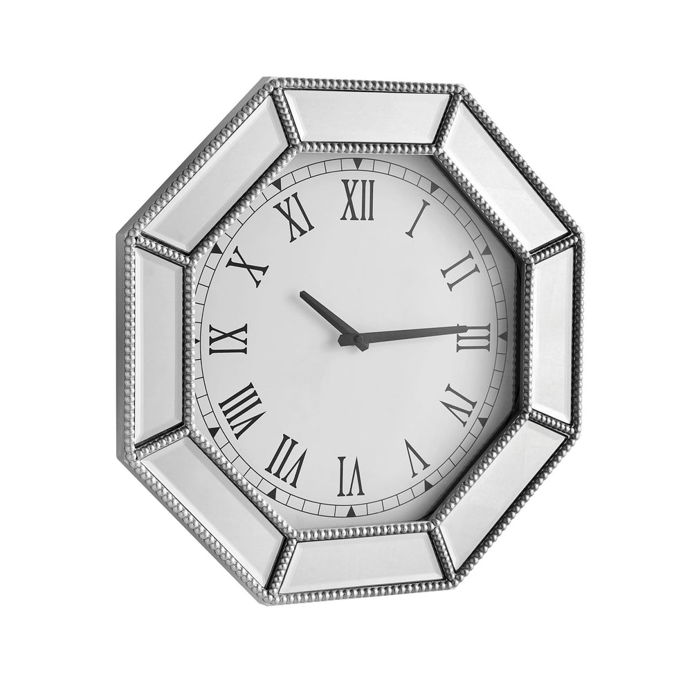 English Elm Mirrored octagonal wall clock with silver beaded trim, silent quartz, beveled mirror, bold Roman numerals W1005P365316