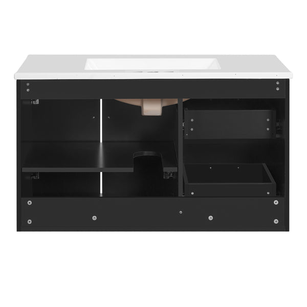 English Elm 36'' Wall Mounted Bathroom Vanity with Ceramic Sink, Solid Wood & MDF Floating Cabinet with Drawers Black N710P293299B