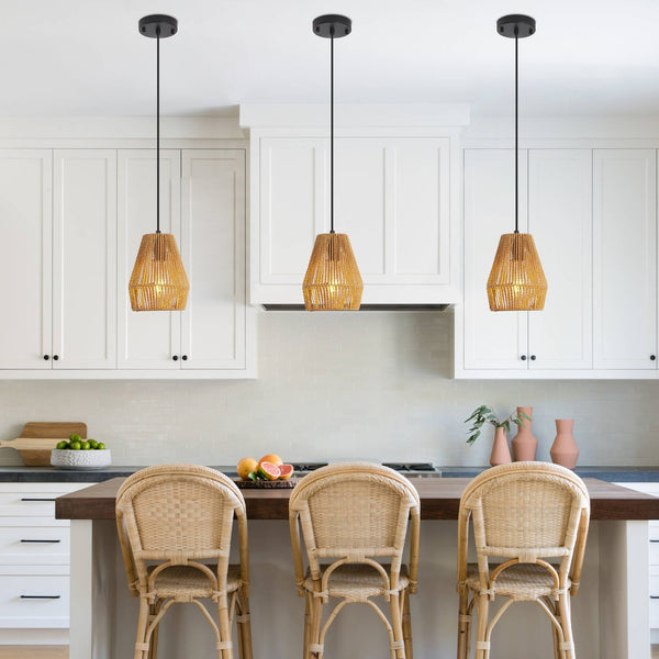 English Elm 7" Rustic Hemp Rope Pendant Light Set of 3 - Handcrafted Farmhouse Ceiling Lamps, Adjustable Height, Natural Woven Iron Fixture for Kitchen Island, Dining Room, Living Room W2312P368682