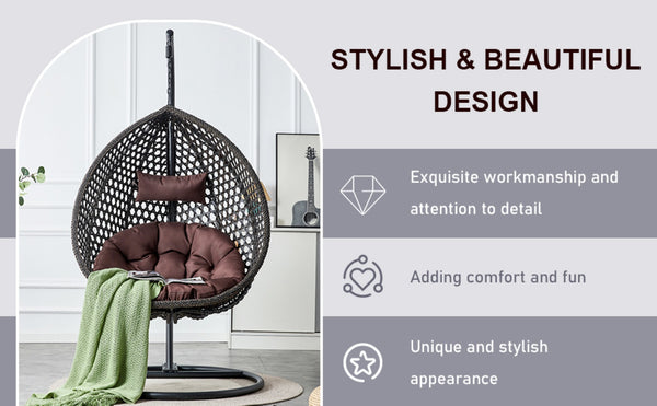 English Elm 76.8-inch Hand Woven Rattan Egg Swing Chair Indoor Outdoor with Cushion Lumbar Pillow Black W1512P498596