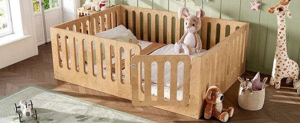 English Elm Queen Solid Pine Montessori Floor Bed for Kids with House Frame and Built-in Door Natural W5305P420640