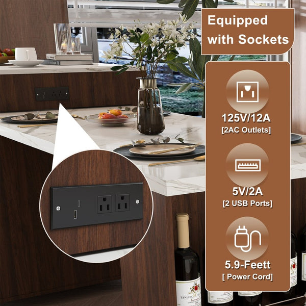English Elm 80-inch Expandable Island Dining Set Walnut Marble Top Power Outlets 4 Wood Chairs W2700S00141