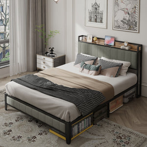 English Elm Queen Upholstered Bed Frame with USB & Outlets, Metal Platform, Vintage Shelf, 10.4" Storage Clearance W1960P162712