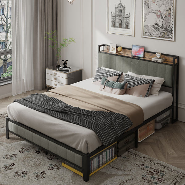 English Elm Queen Upholstered Bed Frame with USB & Outlets, Metal Platform, Vintage Shelf, 10.4" Storage Clearance W1960P162712