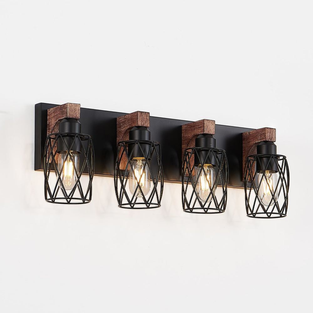 English Elm 24" Industrial Vintage 4-Light Wall Sconce with Black Iron Cage and Walnut Wood Accents for Bathroom W2312P374838