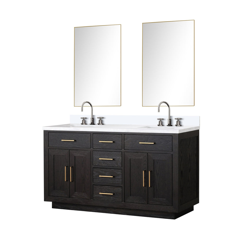 English Elm Black Oak Double Bath Vanity Set With White Quartz Top, Faucets & 28" Mirrors For Modern Bathrooms B2731S02173