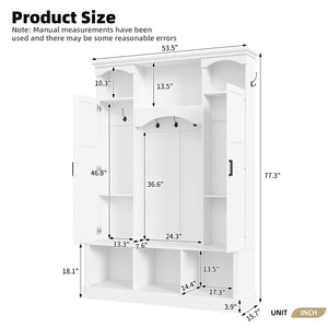 English Elm On-trend Farmhouse Hall Tree with Dual Cabinets Seven Hooks and Arched Entryway Storage White N721S000078K
