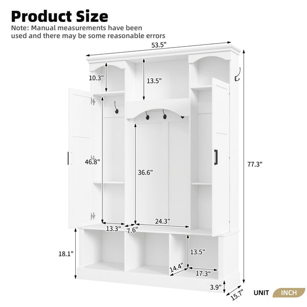 English Elm On-trend Farmhouse Hall Tree with Dual Cabinets Seven Hooks and Arched Entryway Storage White N721S000078K