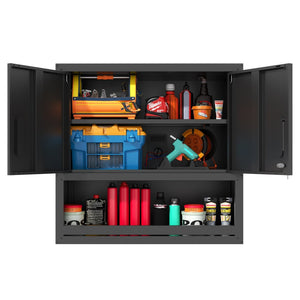 English Elm Metal Wall Mounted Steel Cabinet Locking Doors Open Drawer Garage Workshop Storage T2398P374169